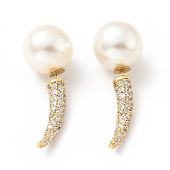 Clear Cubic Zirconia Horn with Acrylic Pearl Front Back Stud Earrings, Brass Jewelry for Women, Cadmium Free & Lead Free, Golden, 36x13mm, Pin: 0.7mm