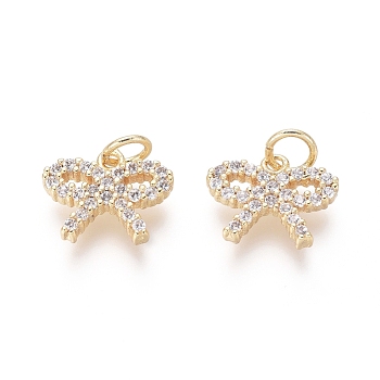 Brass Charms, with Clear Cubic Zirconia and Jump Rings, Bowknot, Golden, 10.5x12.5x2mm, Hole: 3mm