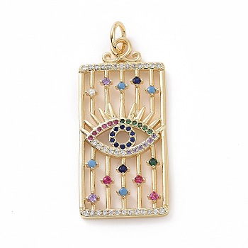 Brass Micro Pave Colorful Cubic Zirconia Pendants, Real 18K Gold Plated, with Jump Ring, Rectangle Charms, Eye, 40.5x19x2mm, Jump Ring: 7x1mm, Inner Diameter: 5mm