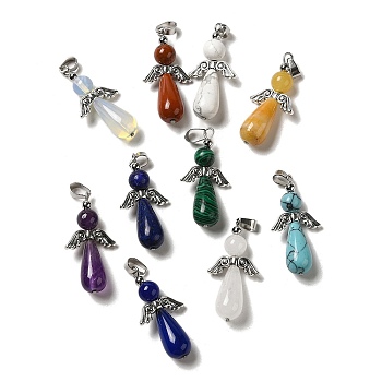 Natural & Synthetic Natural & Synthetic Mixed Gemstone Pendants, Guardian Angel Charms with Alloy Wings, Mixed Dyed and Undyed, Antique Silver, 41x20x10mm, Hole: 7x4mm