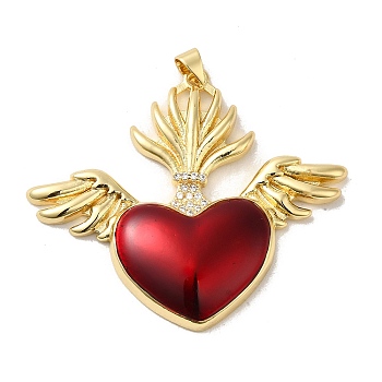 Rack Plating Brass Micro Pave Cubic Zirconia with Epoxy Resin Pendants, Cadmium Free & Lead Free, Real 18K Gold Plated, Long-Lasting Plated, Heart with Wing, Red, 42x48x6mm, Hole: 3x5mm