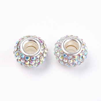 Resin Grade A Rhinestone European Beads, Large Hole Rondelle Beads, with Silver Color Plated Brass Core, Crystal AB, 12x8mm, Hole: 4mm