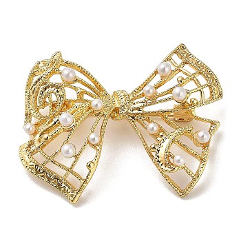 Hollow Bowknot Alloy Brooches, with Plastic Pearl Beads, for Backpack Clothes, Golden, 33.5x42mm