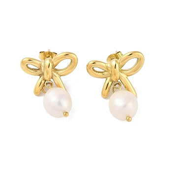 304 Stainless Steel Freshwater Pearl Stud Earrings for Women, Bowknot, Real 18K Gold Plated, 27x20mm