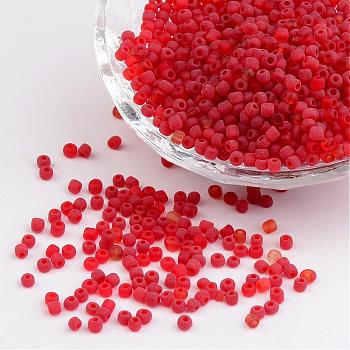 8/0 Frosted Round Glass Seed Beads, Red, Size: about 3mm in diameter, hole:1mm, about 1101pcs/50g