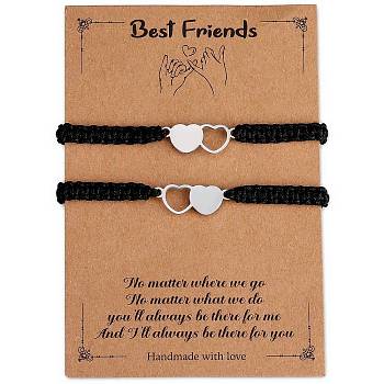 2Pcs 2 Style Stainless Steel Heart Link Bracelets Set, Nylon Cord Adjustable Couple Bracelets for Best Friends Lovers, Black, Inner Diameter: 2-1/8~4 inch(5.4~10cm), 1Pc/style