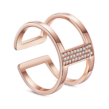 SHEGRACE Chic 925 Sterling Silver Double Bands Cuff Rings, Open Rings, Micro Pave AAA Cubic Zirconia, Rose Gold, 17mm