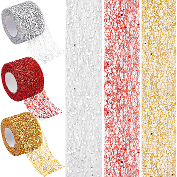 3 Rolls 3 Colors Glitter Sequin Deco Mesh Ribbons, Tulle Fabric, Tulle Roll Spool Fabric For Skirt Making, Mixed Color, 2 inch(50.5mm), 10 yards/roll(9.14m/roll), 1 roll/color