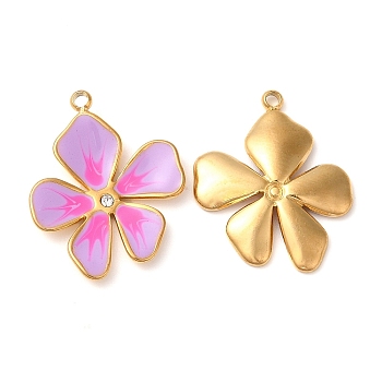 304 Stainless Steel Enamel Pendants, with Rhinestones, Real 18K Gold Plated, Flower Charm, Violet, 21.5x17x2.5mm, Hole: 1.5mm