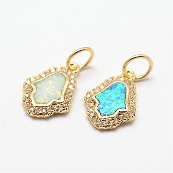 Brass Micro Pave Cubic Zirconia Charms, with Synthetic Opal, Palm, Golden, Mixed Color, 15x10x2mm, Hole: 5mm