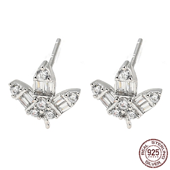 Rhodium Plated 925 Sterling Silver Micro Pave Clear Cubic Zirconia Stud Earring Findings, for Half Drilled Beads, with S925 Stamp, Real Platinum Plated, 10.5x9.5mm, Pin: 10.5x0.7mm and 0.5mm