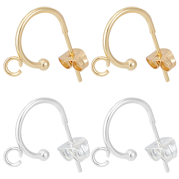 20Pcs 2 Color 304 Stainless Steel Ring Stud Earrings Findings, Half Hoop Earrings Findings with Loops, with 20Pcs Brass & 304 Stainless Steel Friction Ear Nuts, Real 24K Gold Plated & Stainless Steel Color, 15.5x12.5x2.4mm, Pin: 0.7mm, 10Pcs/color