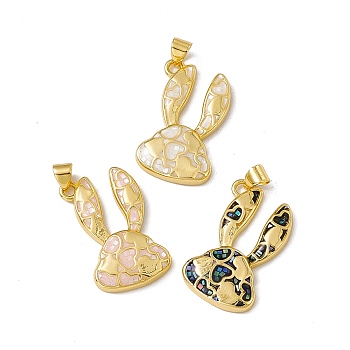Natural Shell Pendants, Rabbit Charms with Heart, Dyed, with Rack Plating Golden Tone Brass Findings, Long-Lasting Plated, Mixed Color, 26x16.5x4mm, Hole: 4.5x3.5mm