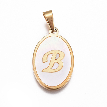 304 Stainless Steel Pendants, with Shell, Oval with Letter, Golden, Floral White, Letter.B, 20.7x13.3x1.5mm, Hole: 2.6x5mm