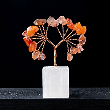 Natural Red Agate Chips Tree of Life Decorations, Natural Selenite Cube Base Copper Wire Feng Shui Energy Stone Gift for Women Men Meditation, 60mm