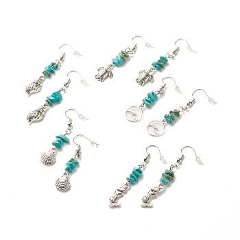 Synthetic Turquoise Chips Beaded Dangle Earrings, Brass Ocean Theme Long Drop Earrings for Women, Mixed Shape, Antique Silver, 50~55mm, Pin: 0.7mm