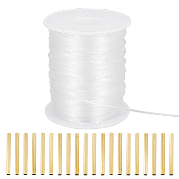 50M Nylon Boning for Bridal Dress Bustle, Crinoline Boning, 20Pcs Brass Tube Beads, Clear, 1.5mm