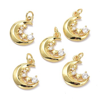 Brass Micro Pave Clear Cubic Zirconia Pendants, with Jump Ring, Long-Lasting Plated, Moon, Real 18K Gold Plated, 17x12.5x2.5mm, Jump Rings: 5x1mm, 3mm Inner Diameter