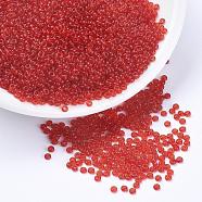11/0 Grade A Transparent Glass Seed Beads, Round, Orange Red, 2x1.5mm, Hole: 0.8mm, about 3000pcs/50g(X-SEED-Q006-F07)