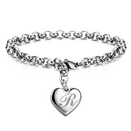 Adjustable Brass Charm Bracelets, Heart with Letter R, with Belcher Chain and Lobster Claw Clasps, Platinum, 8-1/2 inch(21.5cm)(BJEW-BB60982-R)