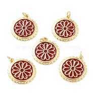 Real 18K Gold Plated Brass Pendants, with Enamel, Long-Lasting Plated, Flat Round with Flower, Red, 22.5x19.5x2mm, Jump Ring: 5x1mm, 3mm Inner Diameter(KK-L206-013G-02)