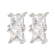 Brass Pave Clear Cubic Zirconia Rectangle Stud Earrings for Women, Platinum, 10x5.5mm(EJEW-G362-08P)