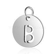 304 Stainless Steel Charms, Flat Round with Letter, Stainless Steel Color, Letter.B, 12x1mm, Hole: 2.5mm(STAS-S105-T514S-B)