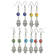 Evil Eye Lampwork Long Dangle Earrings, Antique Silver Alloy Hamsa Hand Earrings with 304 Stainless Steel Pins, Mixed Color, 60x12mm(EJEW-JE05372)