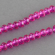 Spray Painted Glass Bead Strands, Faceted, Rondelle, Hot Pink, 6x5mm, Hole: 1mm, about 87~90pcs/strand, 18.8 inch(X-DGLA-R030-6mm-06)