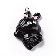 Opaque Resin Pendants, Cute Rabbit Charms, with Platinum Tone Iron Loops, Black, 32x27.5x13.5mm, Hole: 2mm(RESI-D063-04B)