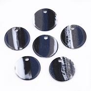 Resin Pendants, Flat Round, Stripe Pattern, Black, 15x1~1.5mm, Hole: 1.8mm(RESI-T022-09A)