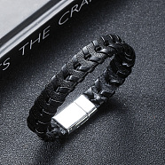 Leather Woven Flat Cord Bracelets, with Magnetic Clasp, Black, 8-7/8 inch(22.5cm)(PW-WG42872-01)