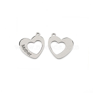 304 Stainless Steel Pendants, Hollow Heart with Word Mother, Word, 29x26x1.5mm, Hole: 2.5mm(STAS-CJC0003-27A)
