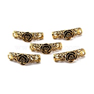 Tibetan Style Alloy Curved Tube Beads, Curved Tube Noodle Beads, Hollow, with Rose Flower, Antique Golden, 42x14mm, Hole: 7mm(PALLOY-J684-07AG)