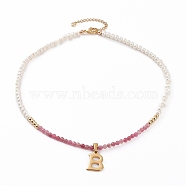 304 Stainless Steel Initial Pendants Necklaces, with Brass Beads, Natural Pearl Beads & Tourmaline Beads, Round, Golden, Letter.B, Letter B: 20x13x1.5mm, 16.53 inch(42cm)(NJEW-JN03300-03)