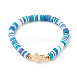 Polymer Clay Heishi Beads Stretch Bracelet for Women, Cross Cubic Zirconia Link Bracelet, Golden, Deep Sky Blue, Inner Diameter: 2-1/4 inch(5.6cm)(BJEW-JB07207-01)