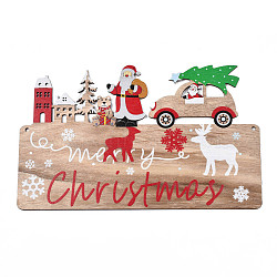 Wood Pendant Ornament, Xmas Door Sign, Christmas Theme, Rectangle with Santa Claus & Car, Tan, 290x182x2.5mm, Hole: 4.5mm(WOOD-N005-71)