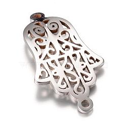 201 Stainless Steel Links connectors, Hamsa Hand/Hand of Fatima/Hand of Miriam, Stainless Steel Color, 27x14.5x1mm, Hole: 1mm(STAS-S059-20B)