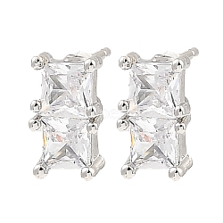 Brass Pave Clear Cubic Zirconia Rectangle Stud Earrings, for Women, Platinum, 10x5.5mm(EJEW-G362-08P)