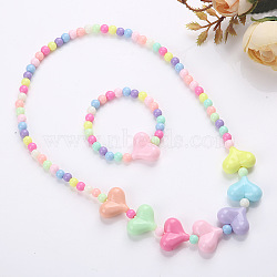 Plastic Beaded Necklaces & Beaded Bracelets, Kid Jewelry Sets, Colorful, Heart, 450mm & 140mm(WG32877-07)