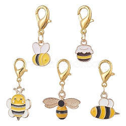 Alloy Enamel Pendant Decorations, with Lobster Claw Clasps, for Keychain, Purse, Backpack Ornament, Bees, Yellow, 30~40mm, 5pcs/set(HJEW-JM00998)