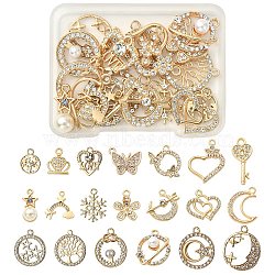 20Pcs 20 Style Alloy Crystal Rhinestone Pendants, with ABS Plastic Imitation Pearl Beaded, Heart & Tree & Butterfly & Moon & Crown Charms, Golden, 14~26x16~21x1.6~5mm, hole: 1.4~2.5mm, 1Pc/style(FIND-YW0003-36)