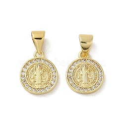 Rack Plating Brass with Cubic Zirconia Pendant, Cadmium Free & Lead Free, Flat Round, Real 18K Gold Plated, 12x10x2mm, Hole: 4x3.5mm(KK-Q795-22G)