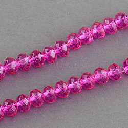 Spray Painted Glass Bead Strands, Faceted, Rondelle, Hot Pink, 6x5mm, Hole: 1mm, about 87~90pcs/strand, 18.8 inch(X-DGLA-R030-6mm-06)