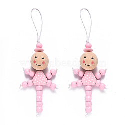 Natural Wood Pendant Decorations, with Waxed Cord, Doll, Pink, 148~151x48~51mm(HJEW-S002-002A)