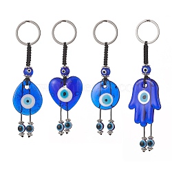 Handmade Lampwork Pendant Keychain, 304 Stainless Steel Keychain with Resin Evil Eye, Teardrop & Heart & Round & Hamsa Hand, Medium Blue, 11.65cm, 4pcs/set(KEYC-JKC00450)