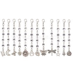 etan Style Alloy Pendant Decoration, with Acrylic Word Love Beads and Zinc Alloy Lobster Claw Clasps, Mixed Shapes, Antique Silver, 80~88mm, 12pcs/set(HJEW-JM01180)