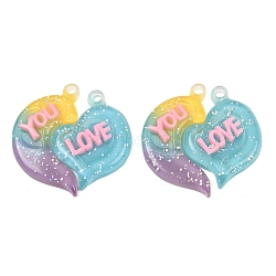 2Pcs Gradient Color Translucent Resin Pendants, Couple Heart Charm with Word LOVE YOU, with Glitter Powder, Purple, 38x38.5x5.5mm, Hole: 3.5mm(RESI-XCP0002-41A)