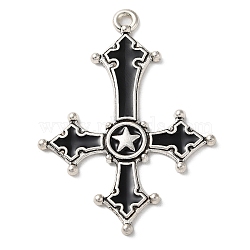 Alloy Pendants, with Black Enamel, Antique Silver, Cross with Star Charm, 53.5x38.5x2.5mm, Hole: 2.5mm(ENAM-Q503-02AS-07)