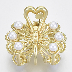 (Holiday Stock-Up Sale)Alloy Claw Hair Clips, with ABS Plastic Imitation Pearl, Long-Lasting Plated, Textured, Bowknot, Matte Gold Color, White, 31x35x27mm(PHAR-N004-003)